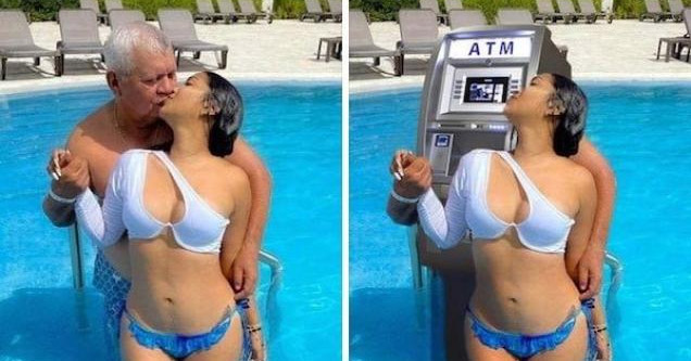 a woman with an old man in the pool and him as an atm machine