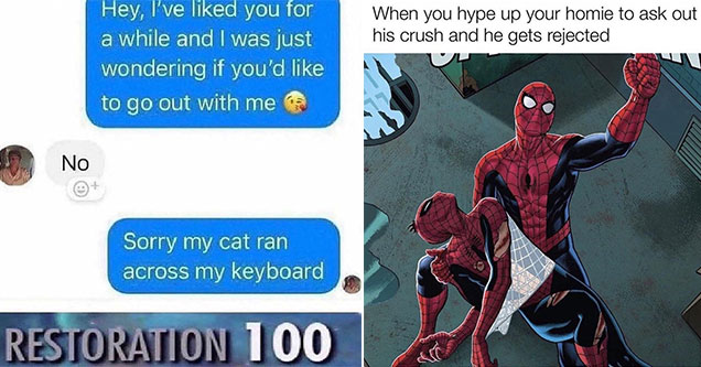 funny gaming memes -  hey wondered if you like me - no - sorry my cat wrote that -  restoration 100 -  when you gas up your homie to ask out his crush and he gets rejected - spiderman holding spiderman