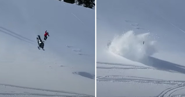 a huge jump on a snowmobile and big crash