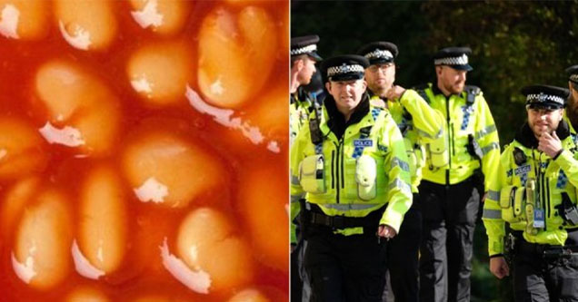 baked beans on the left and police officers on the right