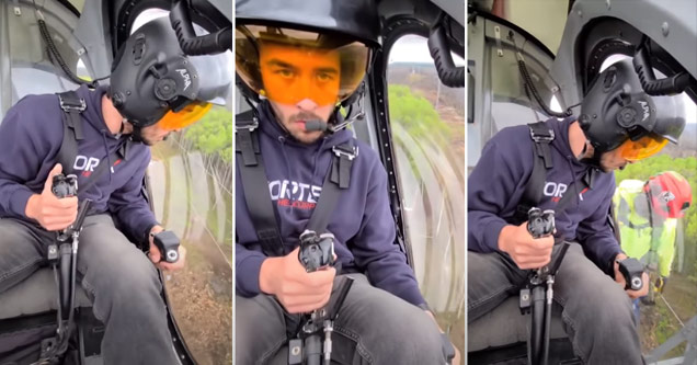 a helicopter pilot picking up linemen