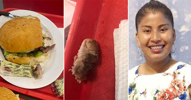 Bolivian woman finds a finger in her fast-food burger -  smiling woman with a burger on her plate