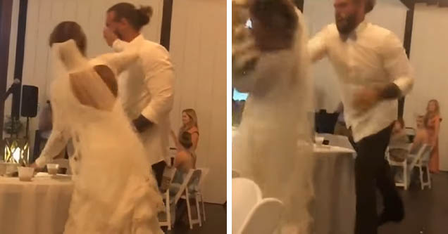 Bride smears frosting on groom, groom throws whole cake at her