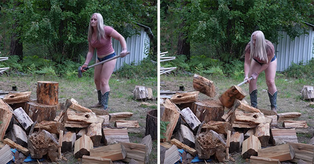 OnlyFans model chopping fire wood in the forest