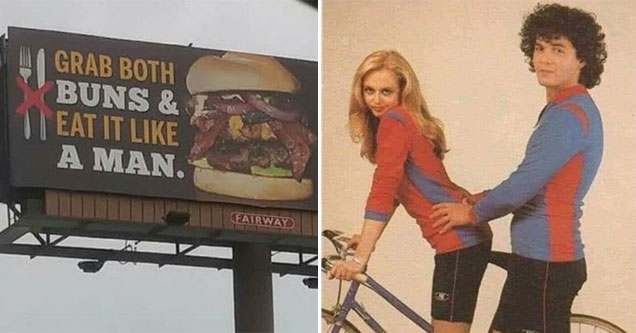 funny sex jokes -  grab both buns and eat it like a man - burger billboard -  guy and girl posing with a bike