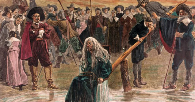 seven witch tests used during the witch trials -  woman being pushed into a body of water tied to a chair