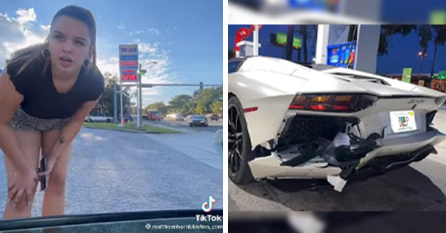 Rear-ending karen talks to driver she crashed into | photo of damage to lambo