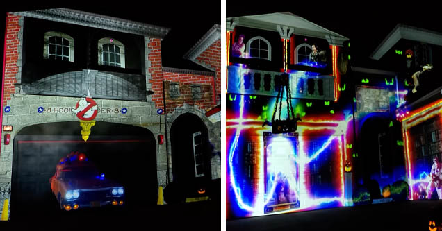 Ghostbuster-themed light projections on home for Halloween decor