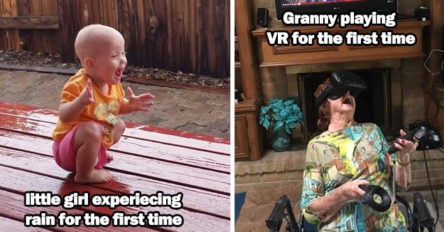 a little girl experiencing rain for the first time, and  grandma playing VR for the first time