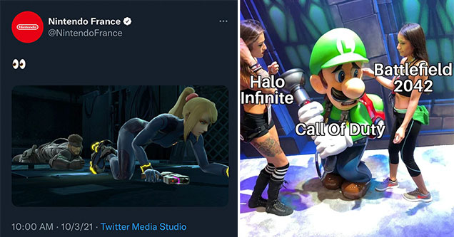 funny gaming memes - Nintendo France - eye emoji tweet - call of duty -  Halo Infinite -  Battlefield 2042 -  luigi surrounded by women