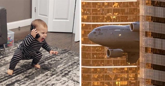 a cute baby on the phone and a plane flying through buildings