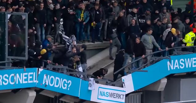 part of the stands at a soccer stadium collapsing