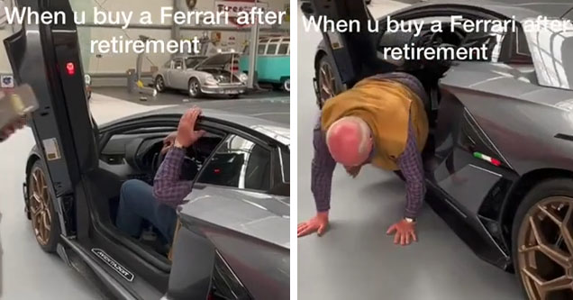 Old man exits ferrari awkwardly