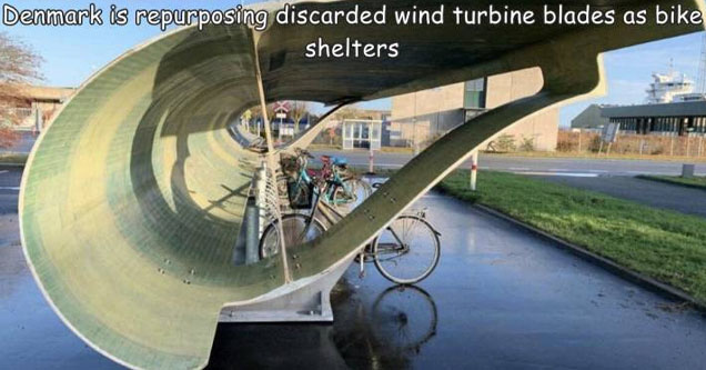 recycling wind turbine blades - Denmark is repurposing discarded wind turbine blades as bike shelters