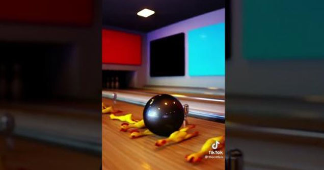 Bowling ball runs over rubber chickens