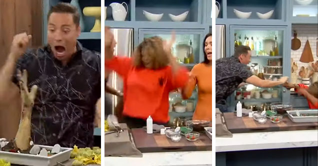 Food Network hosts freak out at zombie hand prank