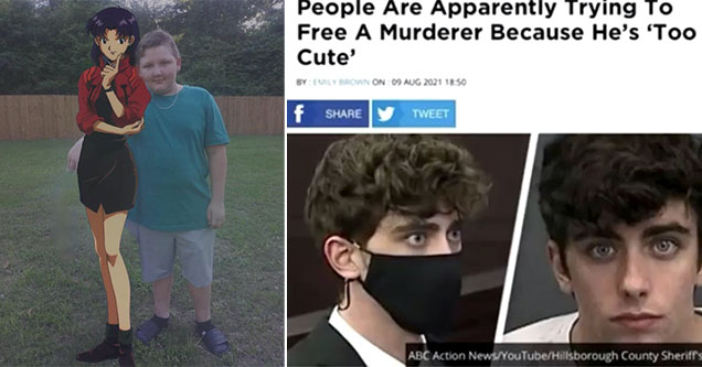 cringe pics -  people want to free a murderer because he's too cute to be in prison -  kid standing with his anime girlfriend