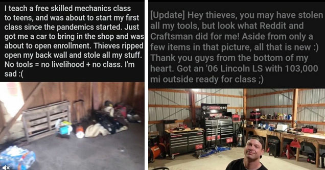 photo caption - I teach a free skilled mechanics class to teens, and was about to start my first class since the pandemics started. Just got me a car to bring in the shop and was about to open enrollment. Thieves ripped open my back wall and stole all my 