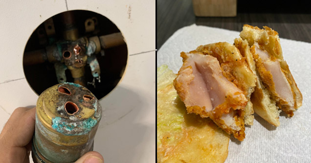 guy broke his shower handle off by accident and a raw chicken sandwich