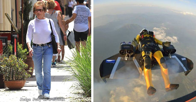 judge judy walking and a guy in a jet pack suit flying