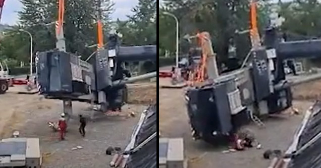 a crane payload falling and almost crushing two people