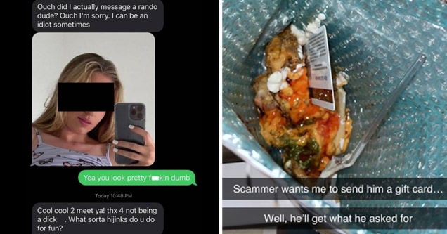 a bot sending fake texts and a scammer mailed a gift card in food