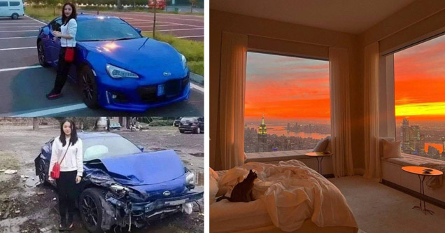 a girl with her car before and after she wrecked it in the same day