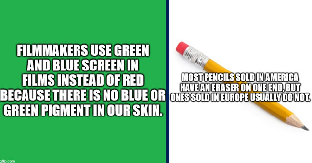 foul bachelor frog - Filmmakers Use Green And Blue Screen In Films Instead Of Red Because There Is No Blue Or Green Pigment In Our Skin. imgflip.com | number 2 pencil - Most Pencils Sold In America Have An Eraser On One End, But Ones Sold In Europe Usuall