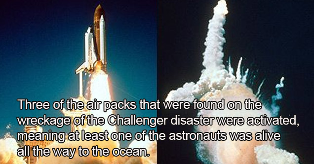 a photo of the challenger disaster with text about at least one of the astronauts being alive on the crash