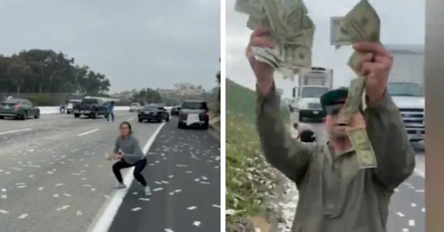 people grabbing money that spilled all over the highway from an armored truck