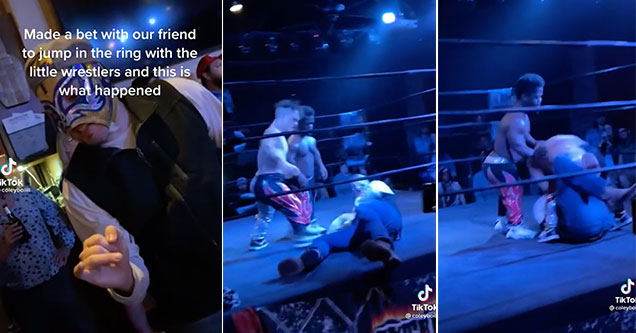 drunk guy jumps into a ring with wrestlers and gets his butt kicked