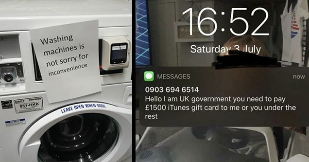 broken washing machine and text