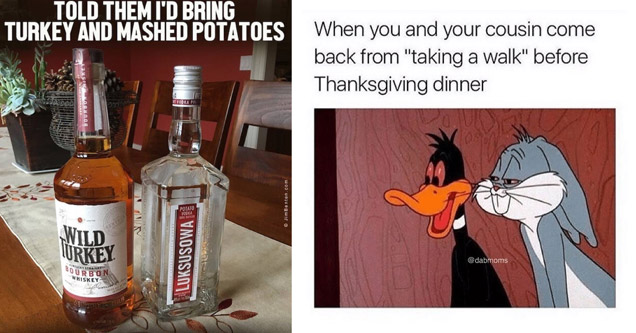 a funny meme with daffy duck and bugs bunny about smoking before thanksgiving dinner