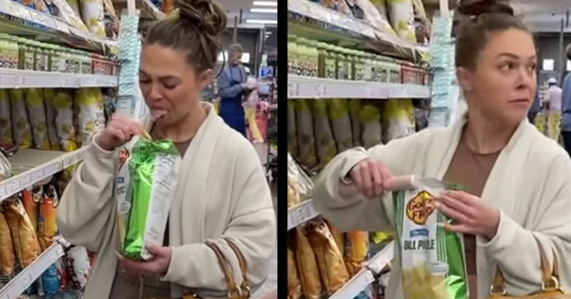 woman spitting into a bag of chips and putting it back on the shelf