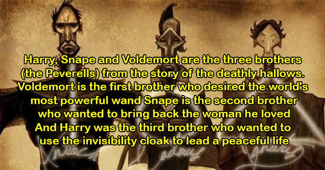 fan theories that are pretty spot on -  Harry Potter Snape and Voldemort are the three brothers from the deathly hallows