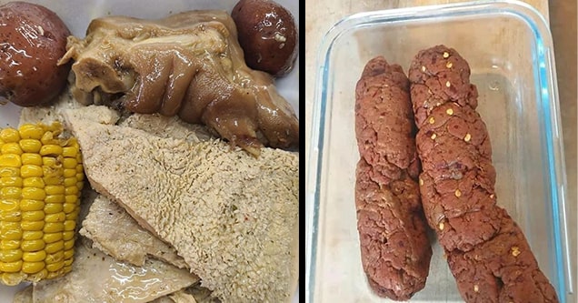 nasty meals -  meat that looks like poop -  gross corn