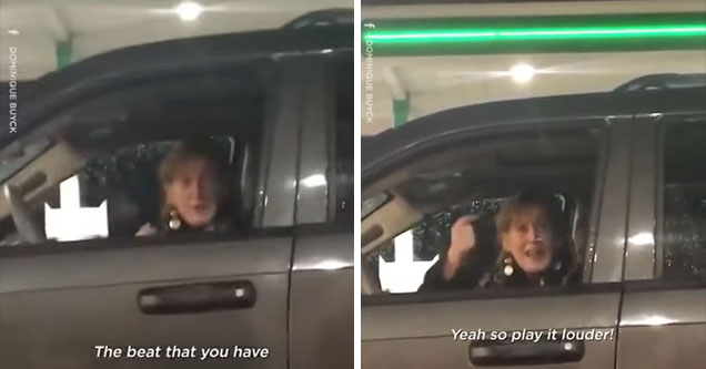 Old lady asks someone to turn the beat up so she can vibe