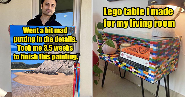 artist shows off a painting he made in three weeks - homemade lego table