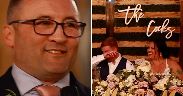 Father of the Bride roasting daughter's new last name -  couple laughing