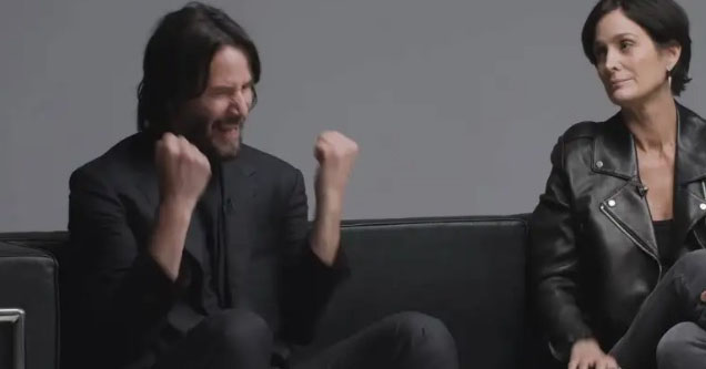 Keanu Reeves and Carrie Ann Moss during an interview with The Verge