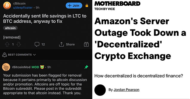 crypto bros posting their L's -  losing all my money in a trade -  amazon server takes down crypto exchange