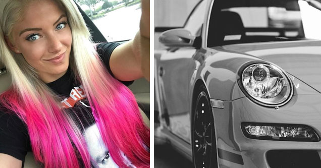 a girl with bright pink hair and a porsche