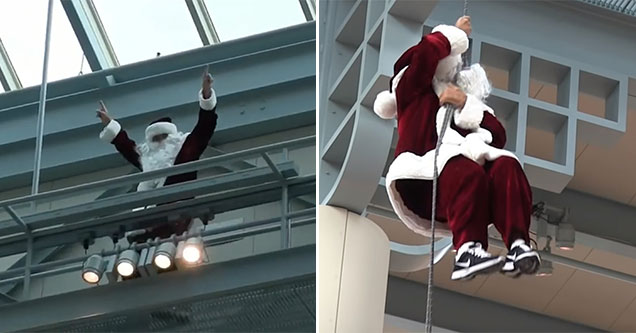 Santa stuck while repelling from ceiling in us mall