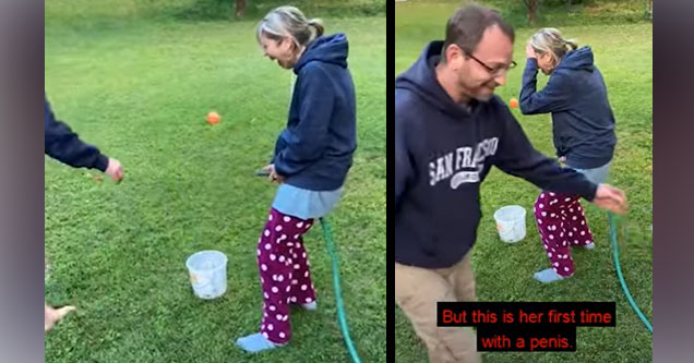 a woman holding a hose trying to pee like her husband