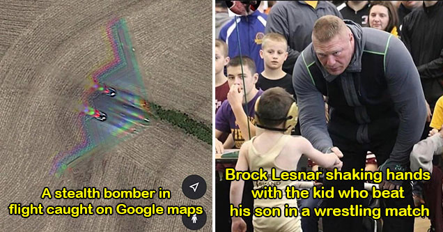 fascinating photos -  a stealth bomber caught on google maps -  brock lesnar shaking hands with kid who beat his son