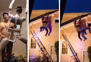 Guy makes moving 'man hanging off roof' Christmas decoration