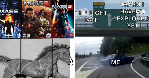 funny gaming memes -  Mass Effect horse drawing meme - car taking an exit meme