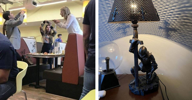 influencers taking photos of their food and a knight lamp