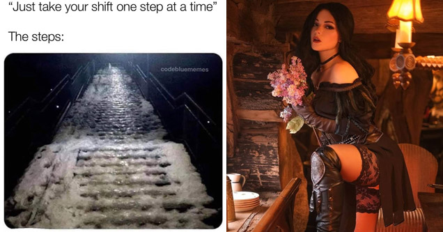 a meme with icy stairs and a hot girl in cosplay