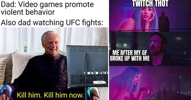 gaming memes -  palpatine watching ufc -  blade runner 2049 meme